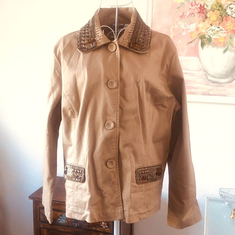 Chico's Astrine khaki Tan Beaded Blazer Size 12 Made In India Cotton